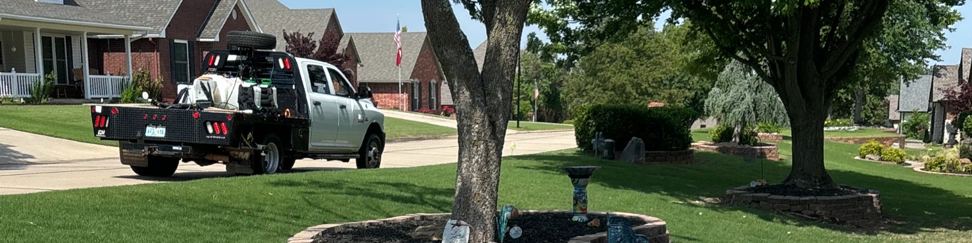 lawn with trees and truck